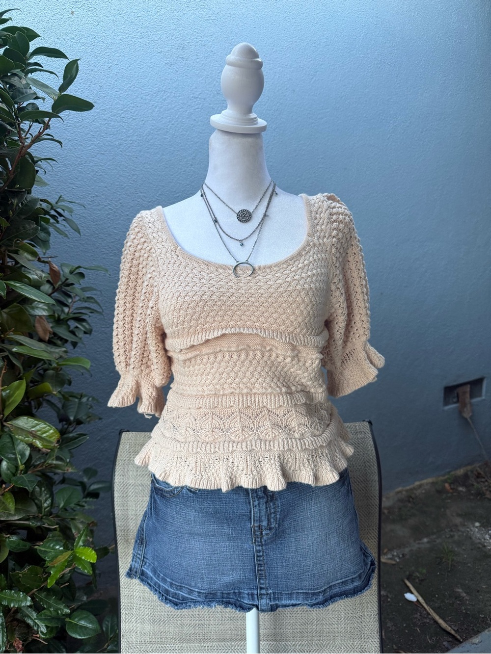 Vici Cream Peplum Knit Scoop Neck Sweater